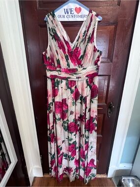 Calvin Klein Cream Maxi Dress with Pink Floral and Green Leaves